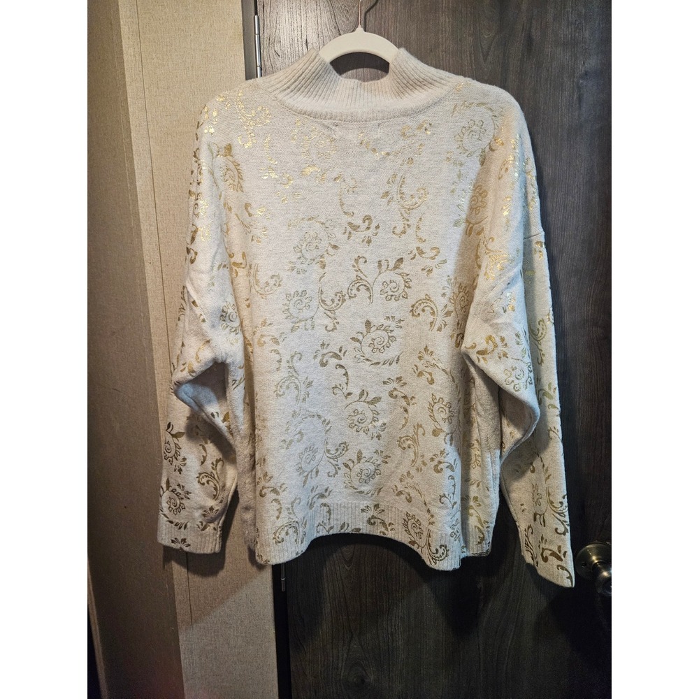 Unbranded Sweater Womens XL Cream Gold Foil Floral Damask Mock Neck Pullover